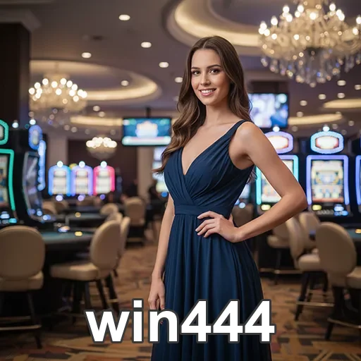 Funcionária sorridente do win444 em ambiente de cassino.