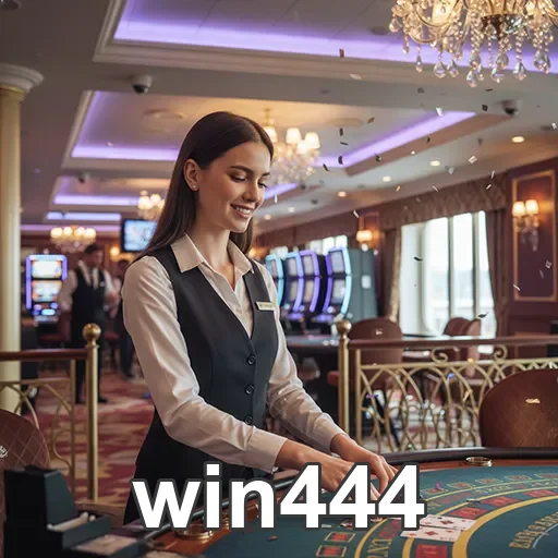 Cenário do cassino win444 com atendente e jogos para VIPs.
