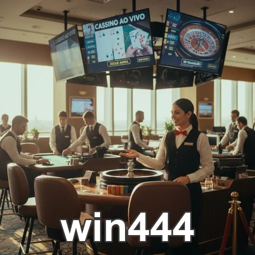 Ambiente do cassino win444 com dealers e mesas de jogos.
