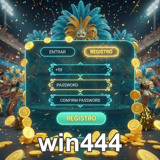 Tela de registro para slots rápidos na win444 com fundos festivos.