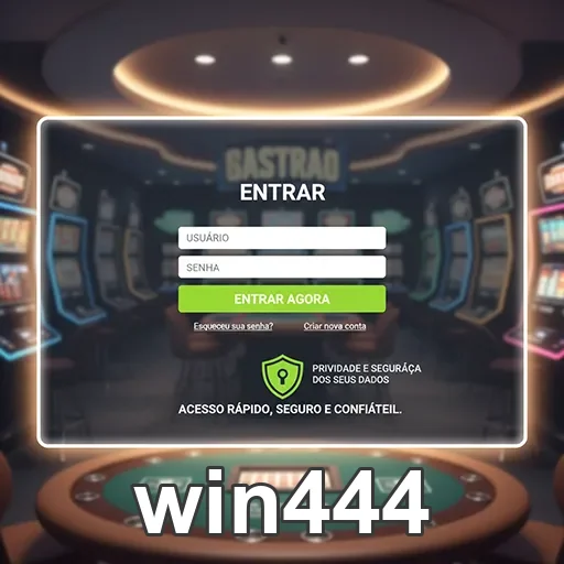 Tela de login do win444 com slots ao fundo.