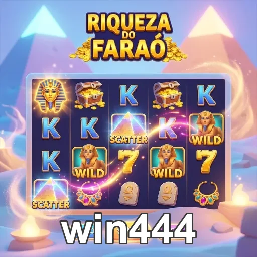 Slot 'Riqueza do Faraó' da win444 com símbolos vibrantes.