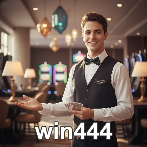 Atendente VIP da win444 mostrando cartas em ambiente de jogo.