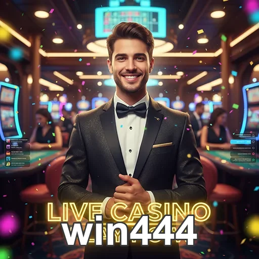 Jogador sorridente em ambiente de cassino ao vivo no win444